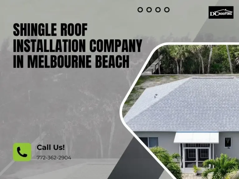 DC Roofing shingle roof installation in Melbourne Beach home surrounded by palm trees
